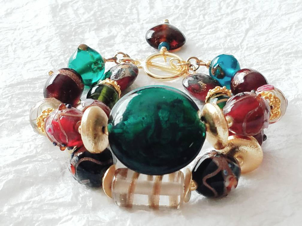 Large Glass Lampwork Lentil Beads Red Green Brown Gold Double Strand Chunky Christmas Bracelet, MB10173: "Deck The Halls"
