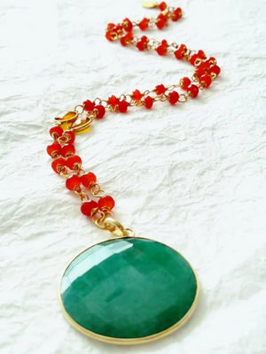 Red Orange Carnelian Yellow Chalcedony Green Dyed Jade Bezel Pendant Hand Wire Wrapped Beaded Necklace Divinite Jewellry
