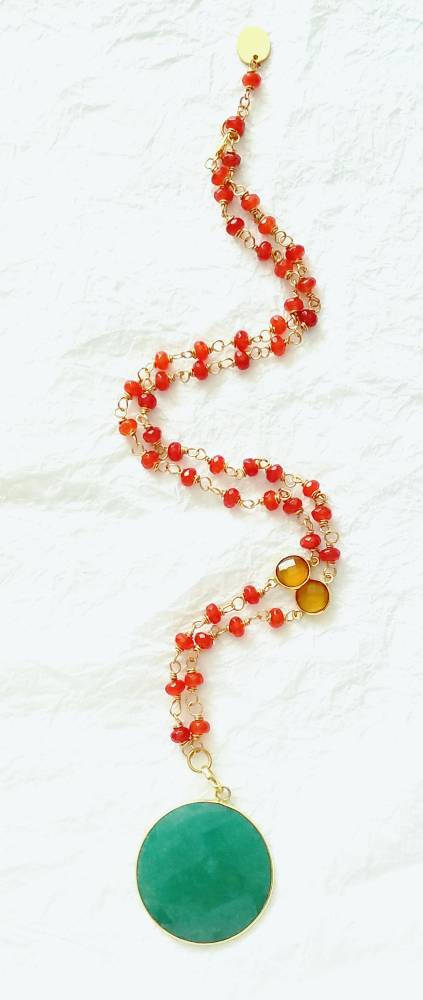 Red Orange Carnelian Yellow Chalcedony Green Dyed Jade Bezel Pendant Hand Wire Wrapped Beaded Necklace Divinite Jewellry
