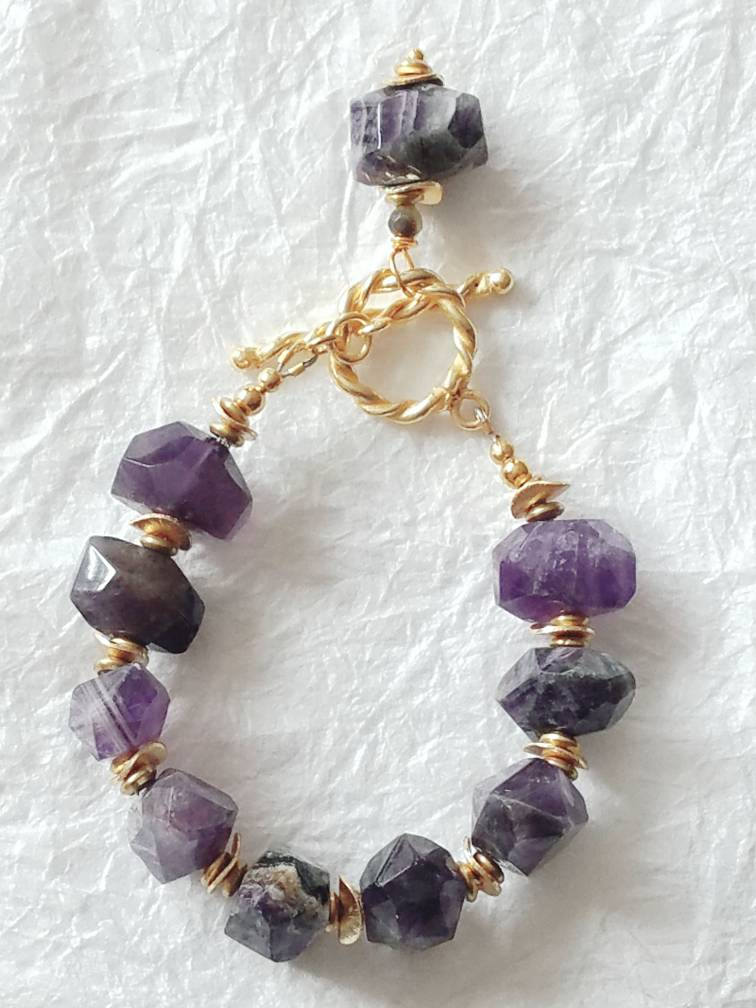 Chunky Genuine Amethyst Nuggets & Gold Filled Statement Bracelet, MB101714: Kingdom of Peace