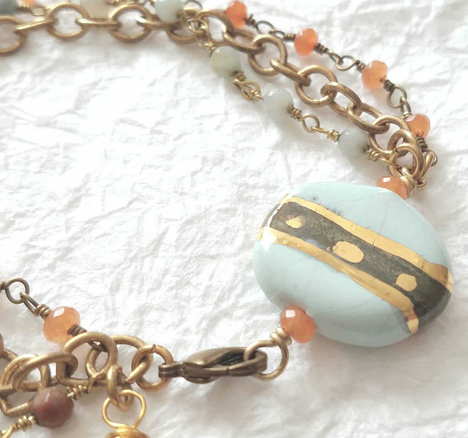 Kazuri Focal Bead Amazonite Brass and Chalcedony Mint Peach Gold Foil Triple Strand Bracelet, QW091718: Sweet Grace