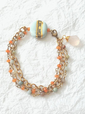 Kazuri Focal Bead Amazonite Brass and Chalcedony Mint Peach Gold Foil Triple Strand Bracelet, QW091718: Sweet Grace