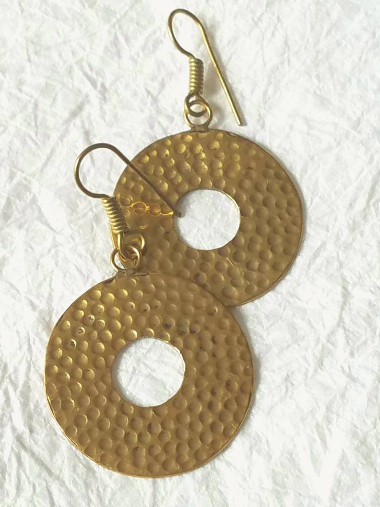 Solid Hammered Round Brass Fashionable Ethnic Greek Exotic Statement Earrings, MB101713: "Rockin' Around" The Christmas Tree