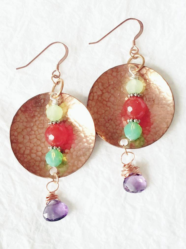 Solid Hammered Copper Carnelian and Amethyst Earrings, QW091720: Navajo Sun & Land