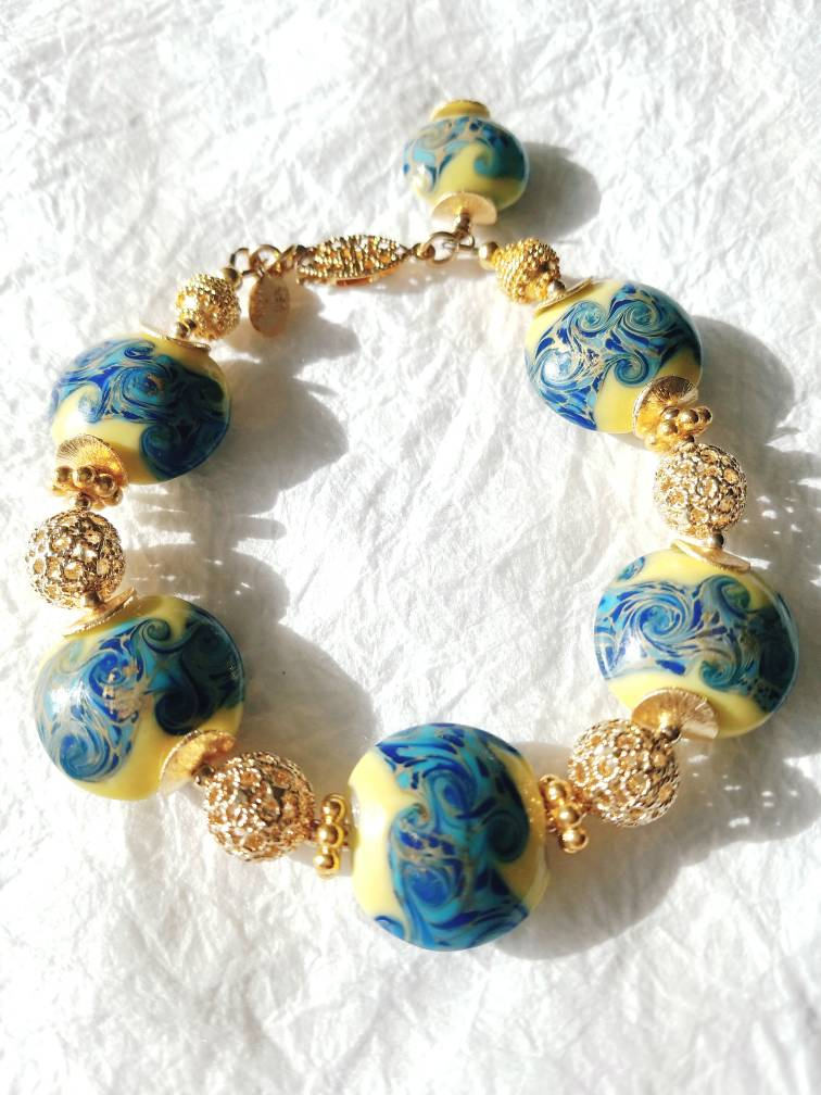 Yellow and Blue Ocean Theme Glass Lampwork Gold Vermeil Bead Bracelet MB101715: Sunny Oceanside Holiday Bracelet