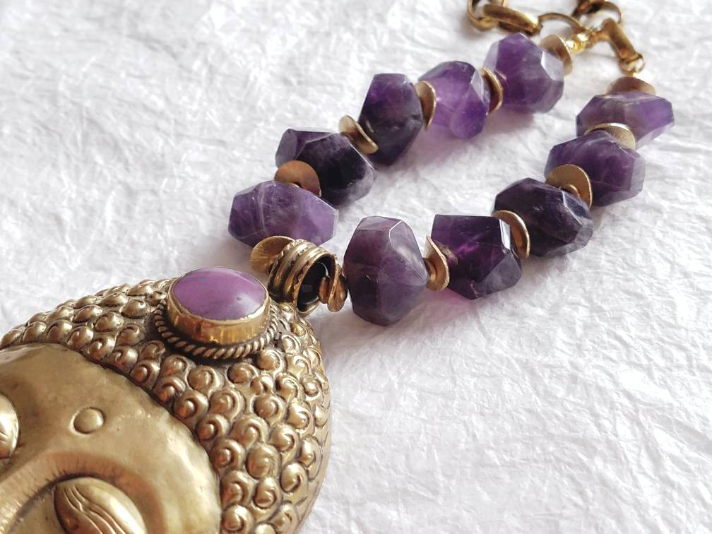 Large Buddha Head Purple Inlaid Amethyst & Brass Link Chain Zen Inspired Necklace, ZL101717: Big Buddha Purple