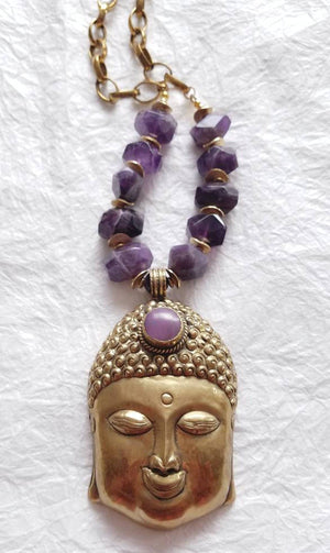 Large Buddha Head Purple Inlaid Amethyst & Brass Link Chain Zen Inspired Necklace, ZL101717: Big Buddha Purple