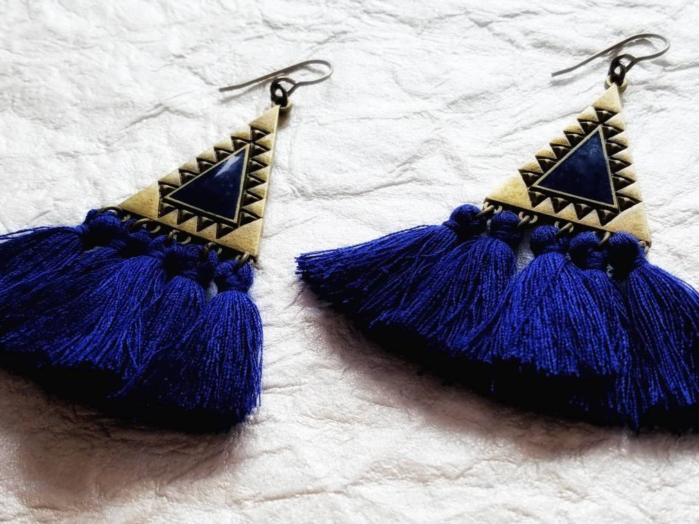 Royal Blue Fringe Triangle Fashionable Statement Dangle Earrings, MB101732 Iso Earrings