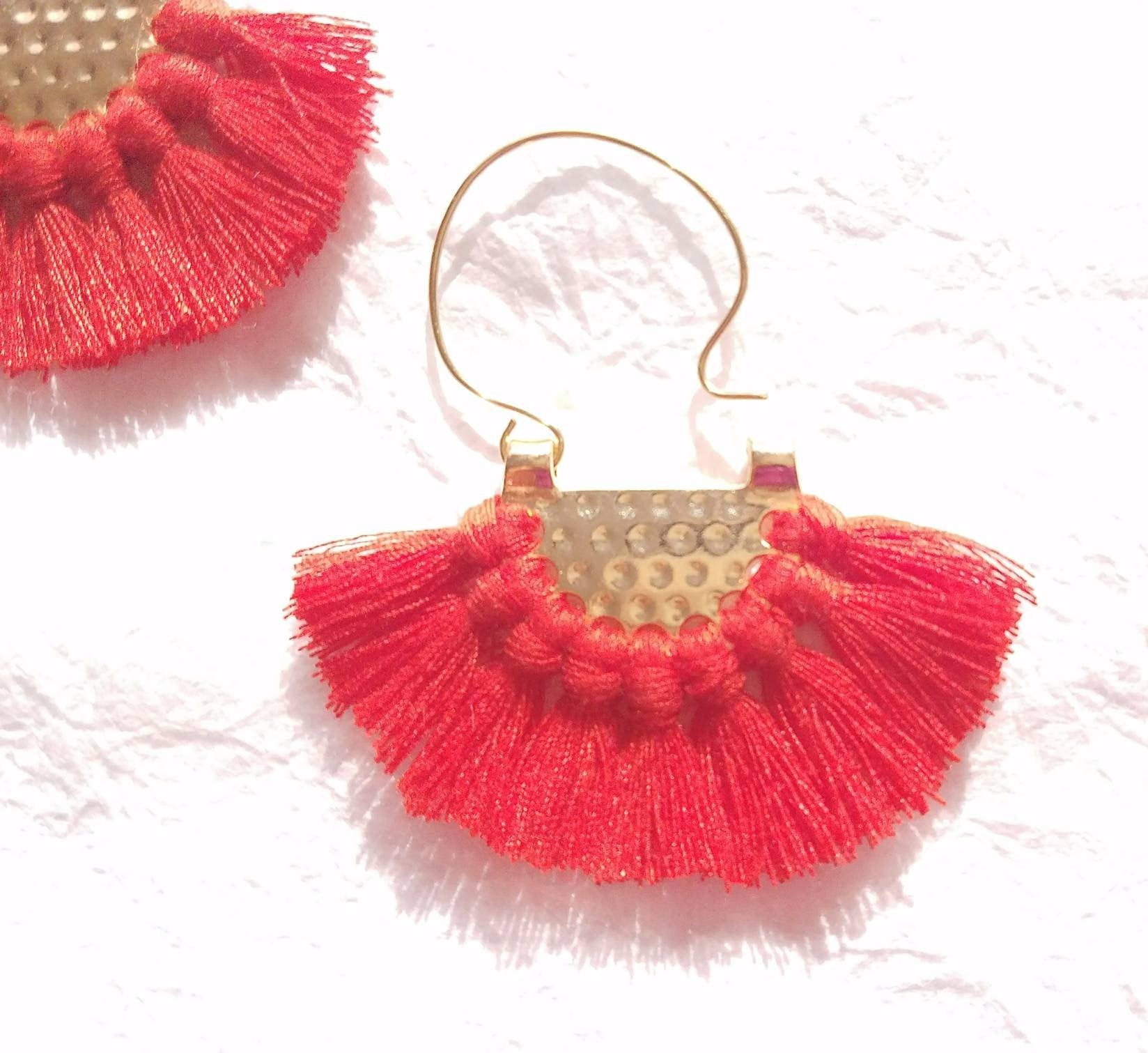 Large Red Fringe Crescent Fan Shape Hoop Statement Trendy Earings, Southern Holiday Earrings