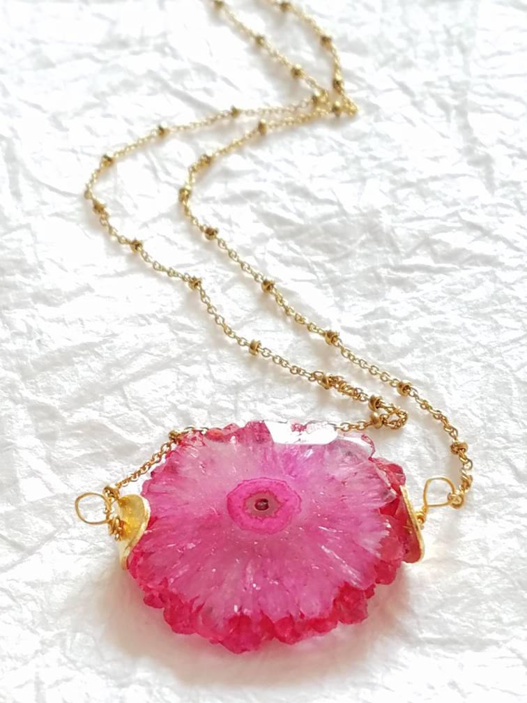 Fuschia Stalactite Slice Dainty Gold Satellite Chain Necklace, The Peony Necklace