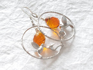 Matte Silver Plated Amber Color Crystal Briolette Hummingbird Earrings, Sweet Nectar Silver