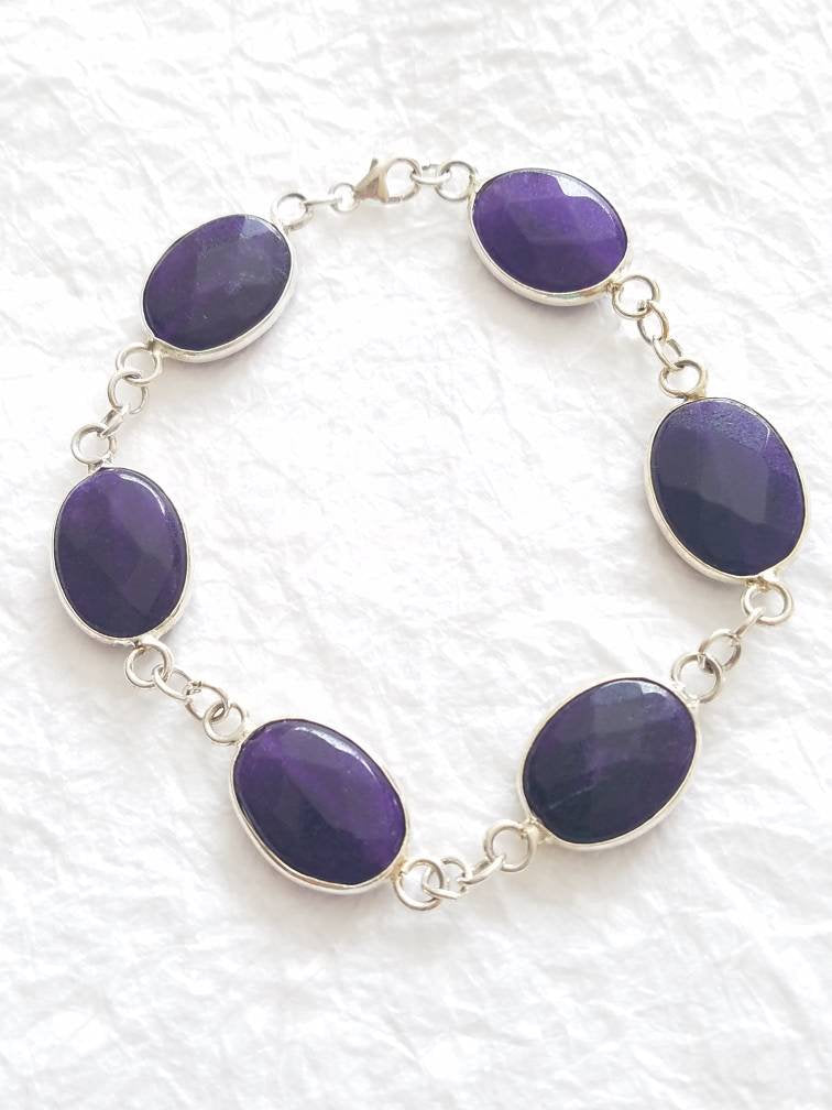 Purple Dyed Faceted Jade Medium Oval Stone Bezel with .925 Sterling Silver, The Honesty Bracelet