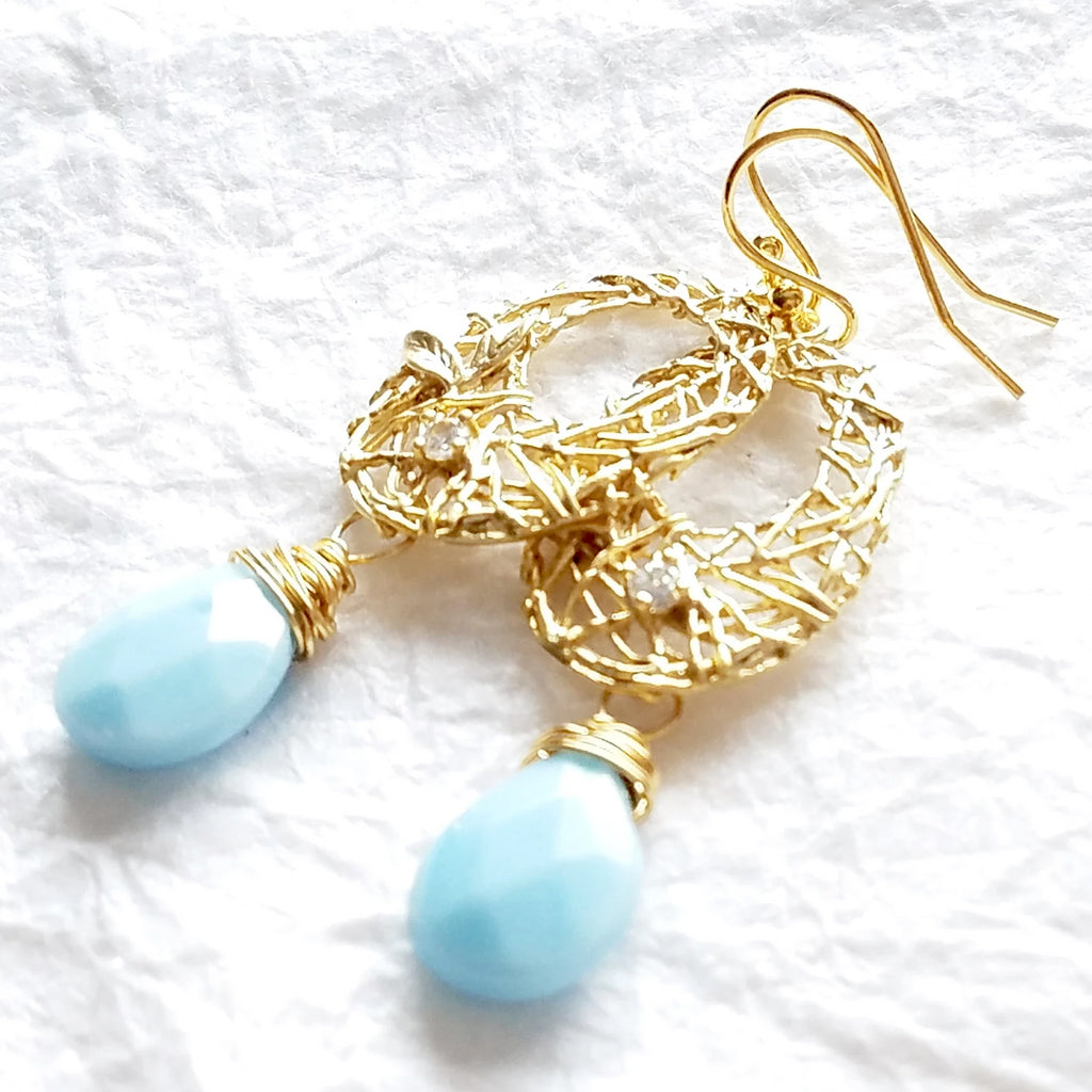 Robin's Nest Earring with light blue briolette drops and matte gold nest connector