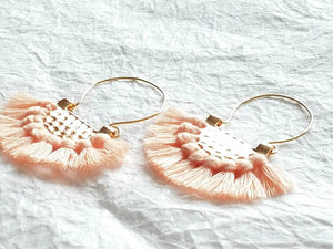 Large Soft Peach Fringe Crescent Fan Shape Hoop Statement Trendy Earings, Osiana Peach Earrings