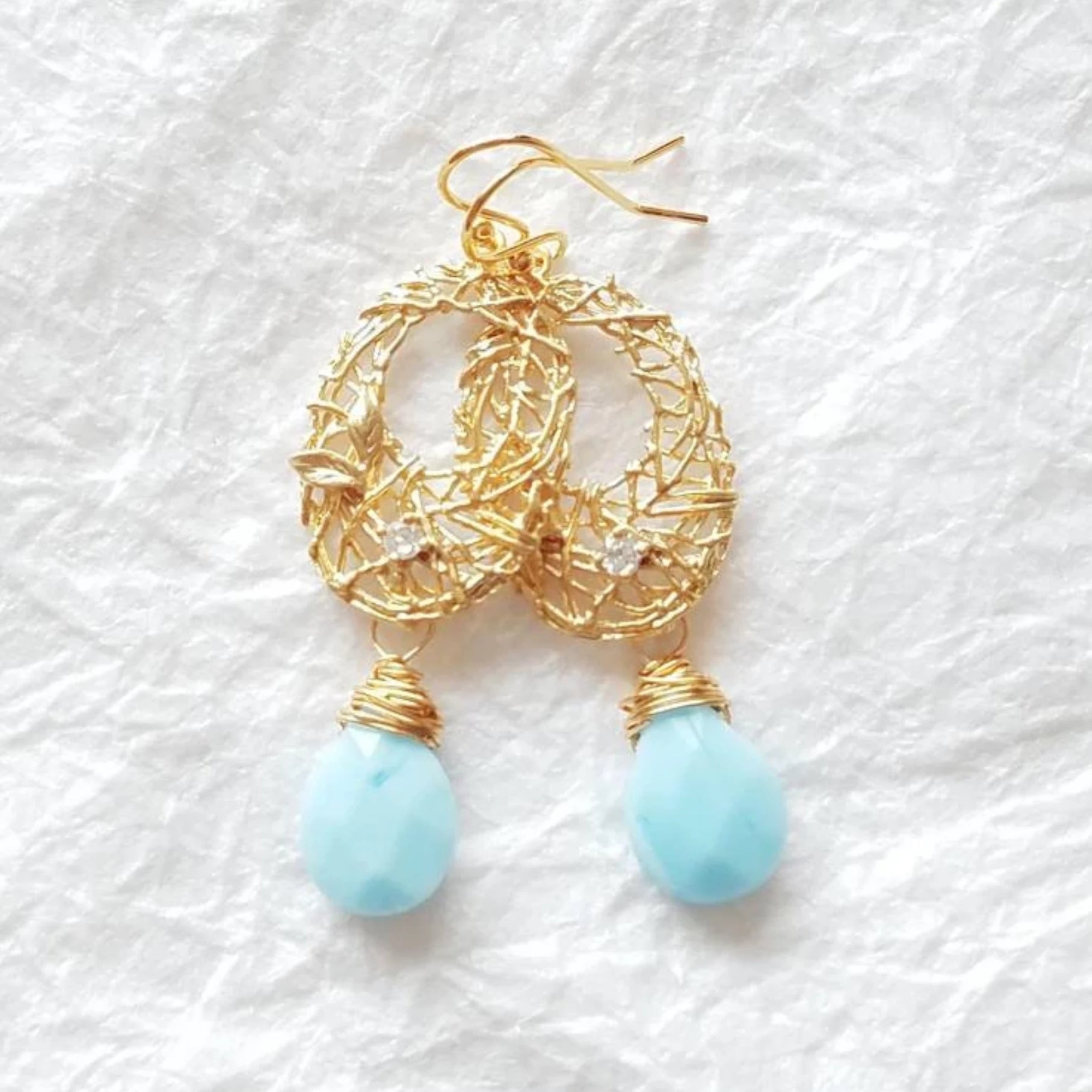 14kt gold plated blue briolette drop earrings wire wrapped divinite jewellry