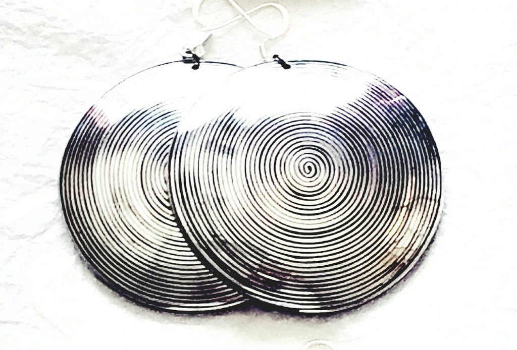 Hammered Wire Inlaid Coconut Large Statement Eco Friendly Earring, The Hotwire Earrings Round