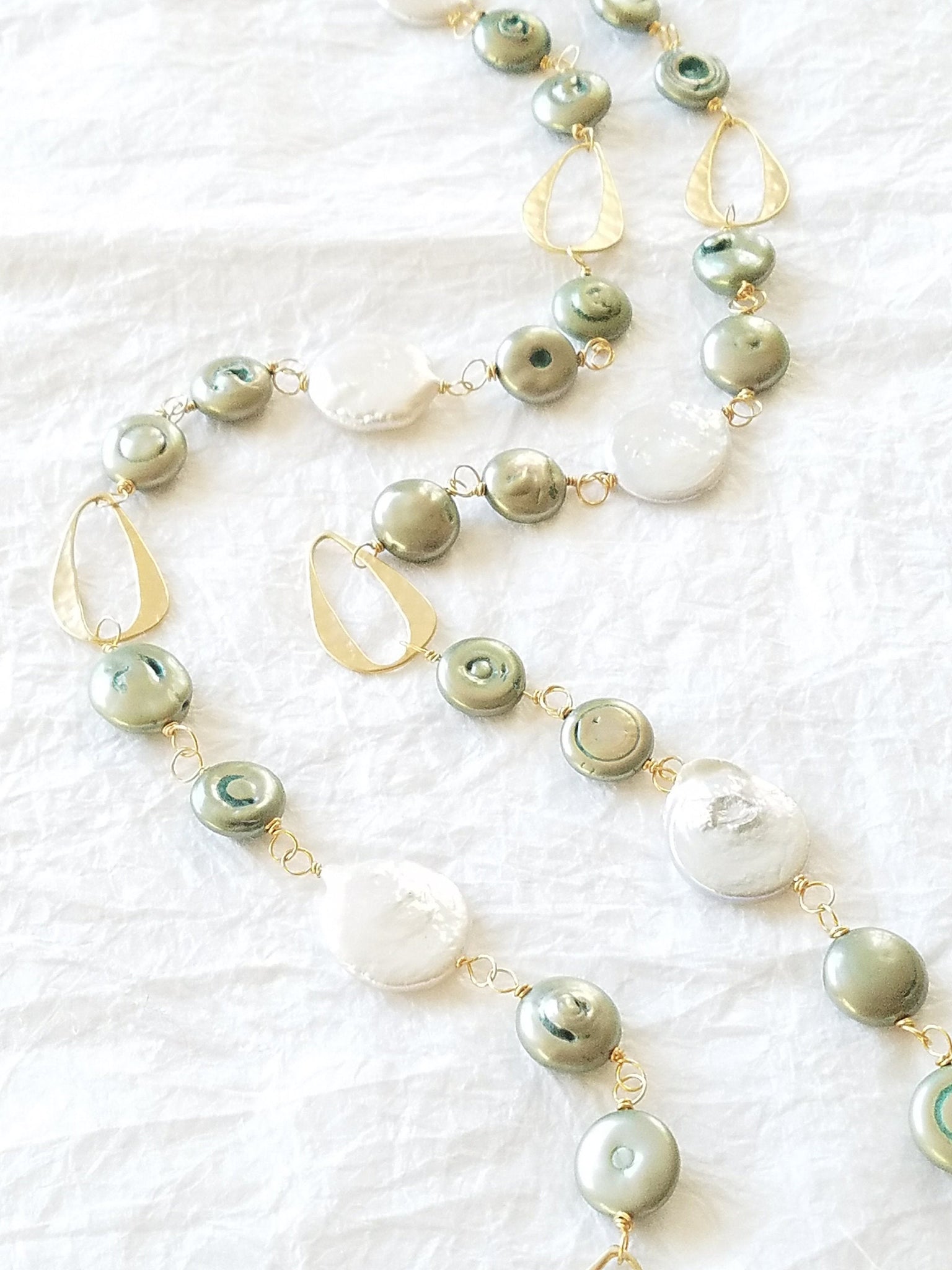 White & Seafoam Green Coin Pearl 14kt Matte Gold Plated Abstract Hammered Oval Motif Matinee Long Necklace, The Calla Lily Necklace
