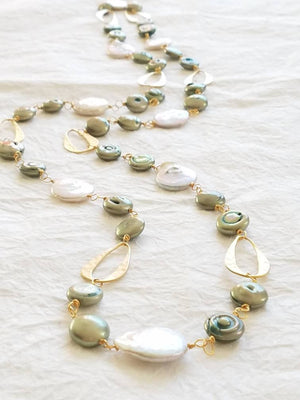White & Seafoam Green Coin Pearl 14kt Matte Gold Plated Abstract Hammered Oval Motif Matinee Long Necklace, The Calla Lily Necklace