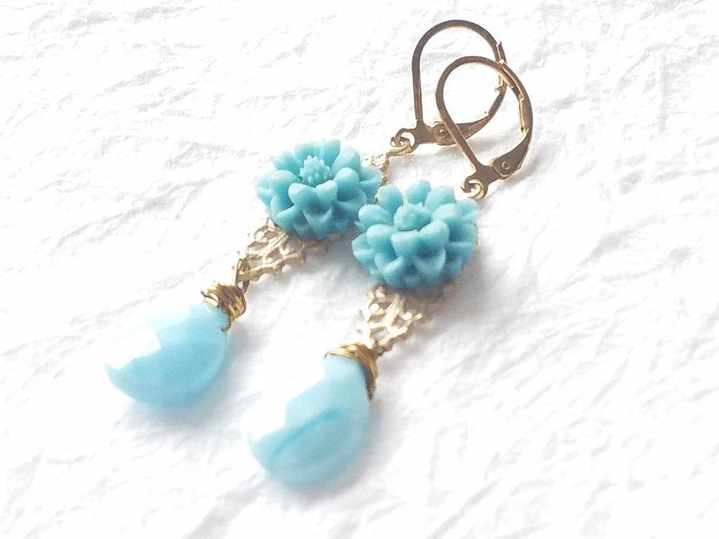 Vintage Blue Floral Motif Whitewashed Brass Filigree Hand Wire-Wrapped Leverback Briolette Drop , The Blue Zinnia Earrings