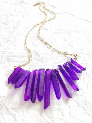 Dyed Purple Quartz Spike Stick Pendant & Matte Gold Plated Circle Chain Necklace, The Sage Necklace