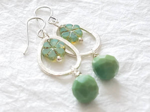 Mint Green Four Leaf Clover Picasso Czech Bead & Agate Briolette Drop Brushed Abstract Oval Frame Earrings, The Daylily Earrings