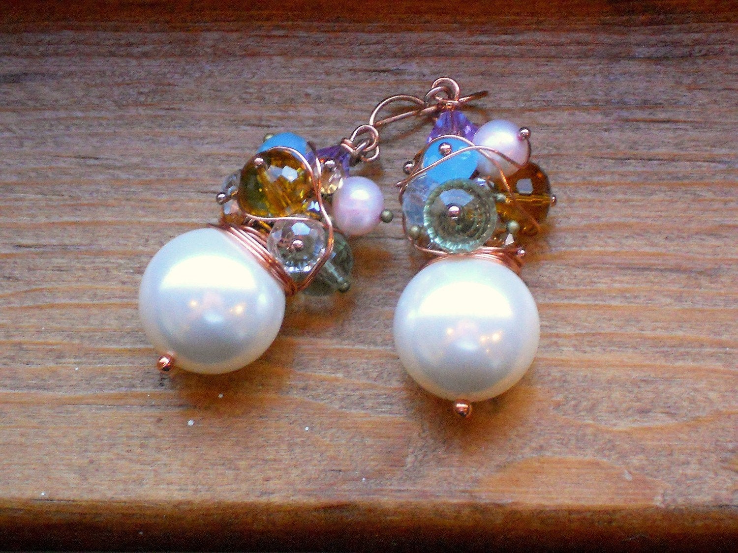 Large White Round Shell Pearl Wire Wrapped Pearl Crystal and Glass Stones Earrings