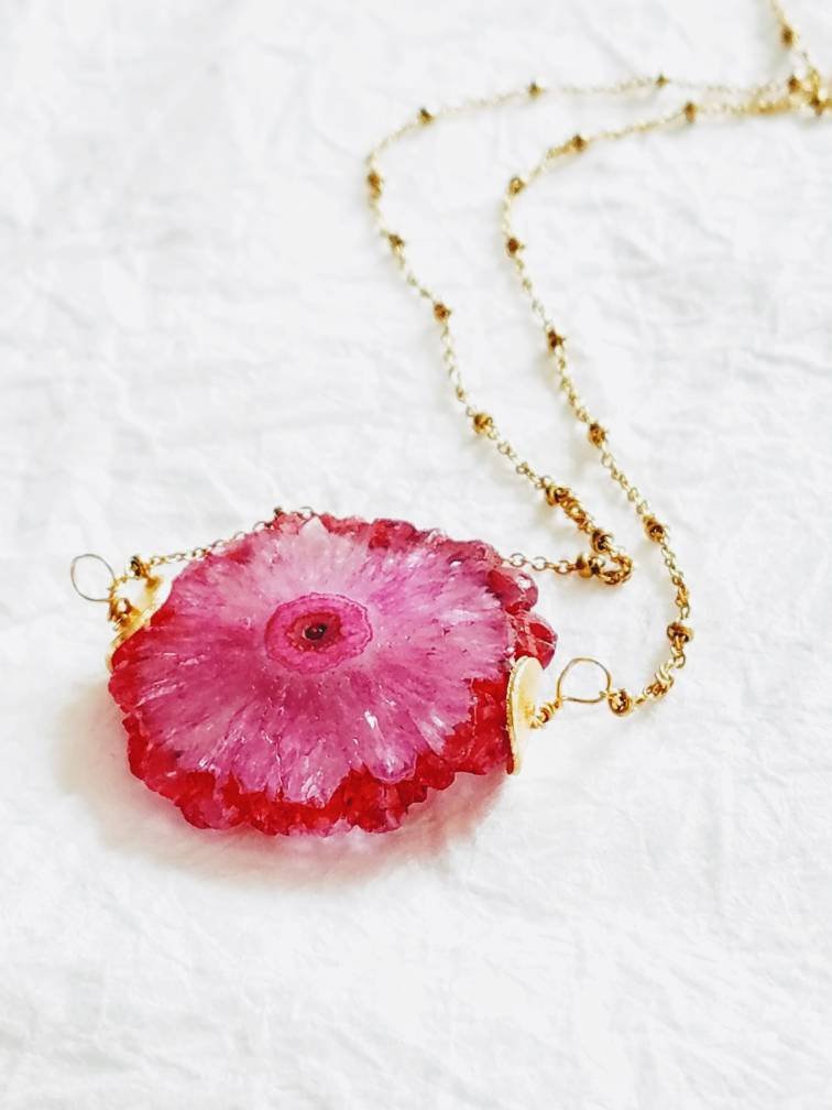 Fuschia Stalactite Slice Dainty Gold Satellite Chain Necklace, The Peony Necklace