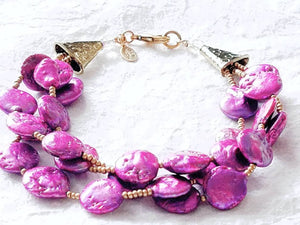 Three Strand Multistrand Purple Violet Cultured Coin Pearl Bracelet, The Verbena Bracelet