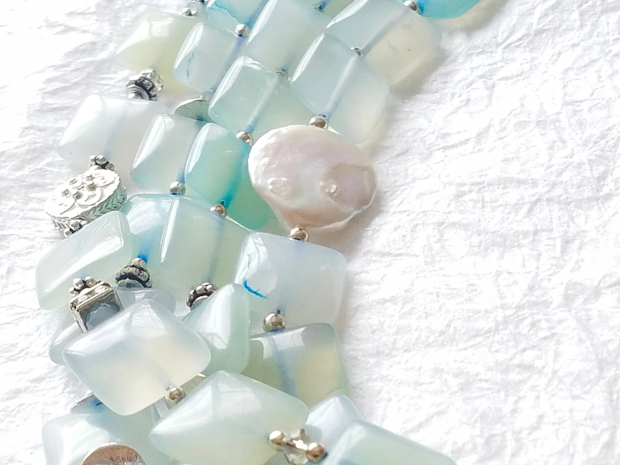 Multistrand Soft Blue Square Agate Cultured Coin Pearls Swarovski Crystal Elements Handmade Sterling Silver Clasp, The Morning Glory