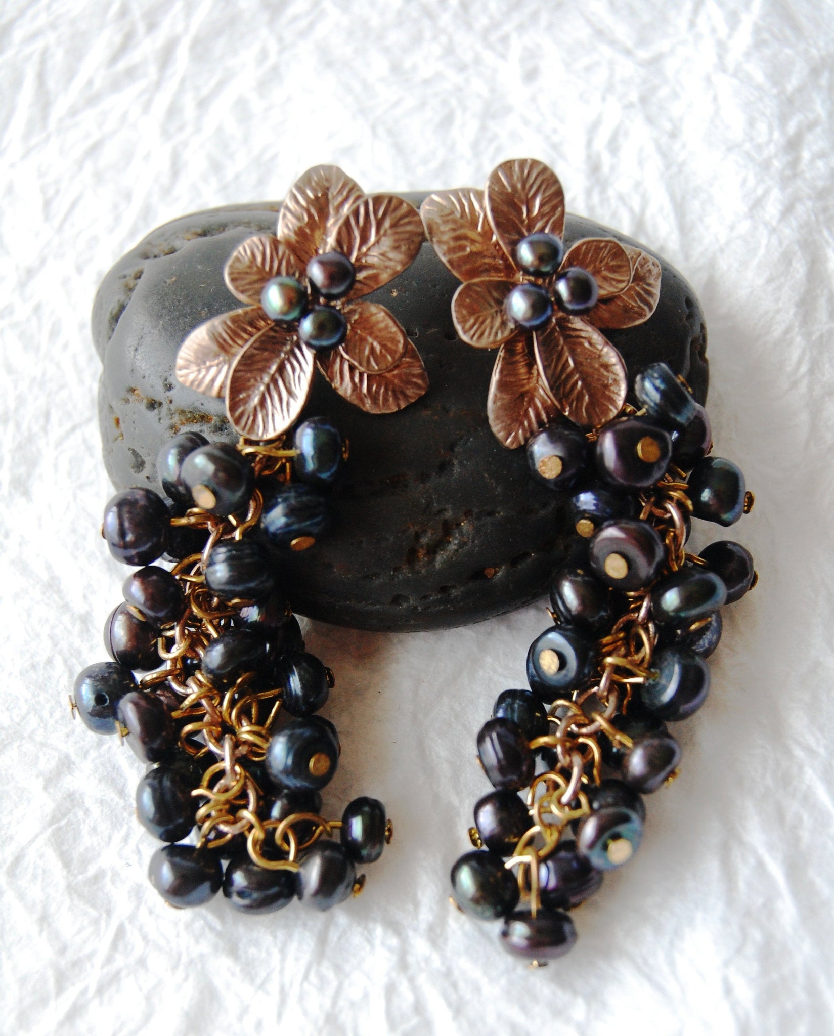 Black Iridescent Pearl Cluster Bronze Flower Post Pierced Drop Earrings Divinite Jewellry