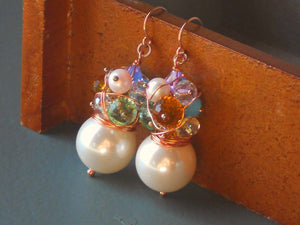 Large White Round Shell Pearl Wire Wrapped Pearl Crystal and Glass Stones Earrings