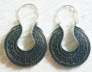 Large Dome Drop Hoop Antique Silver Grecian Inspired Texture Scroll Earrings, Athena Earrings