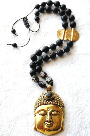 Large Brass Buddha Head Pendant Matte Black Onyx Gold Brass Hammered Coins Adjustable Necklace Divinite Jewellry