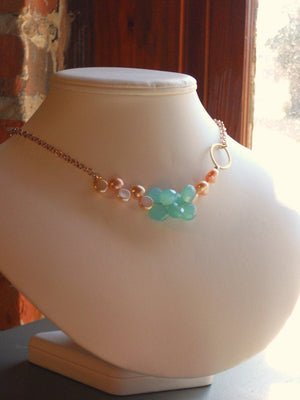Peruvian Blue Chalcedony Briolette Drops Freshwater Coin Pearls Rose Gold Chain Necklace Set