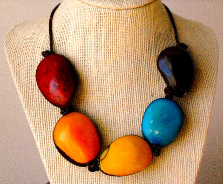 Tagua & Acai Berry Orange, Blue, Red, Yellow Adjustable Unisex Eco Friendly Necklace ,The Coloured Soul