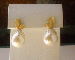 Solid Shell Pearl Gold Post Leaf Silver Bead Cap Post Earrings, Serenity