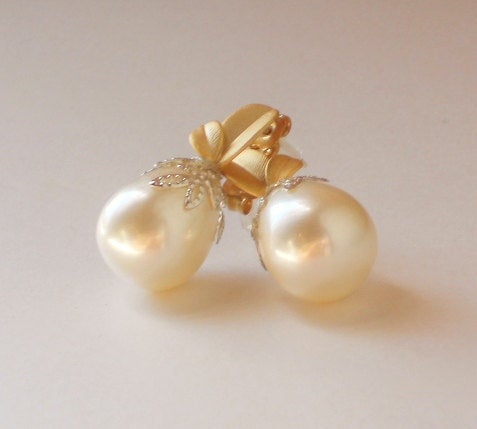 Solid Shell Pearl Gold Post Leaf Silver Bead Cap Post Earrings, Serenity