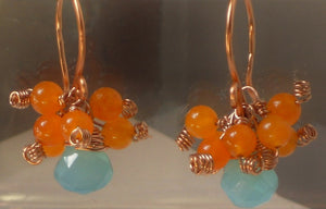 Peruvian Blue Chalcedony Briolette Drops Orange Jade Hand Welded Copper Hooks Earrings
