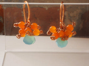 Peruvian Blue Chalcedony Briolette Drops Orange Jade Hand Welded Copper Hooks Earrings