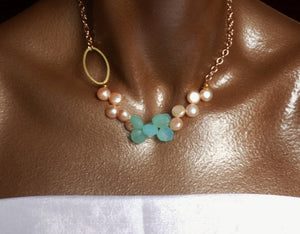 Peruvian Blue Chalcedony Briolette Drops Freshwater Coin Pearls Rose Gold Chain Necklace Set