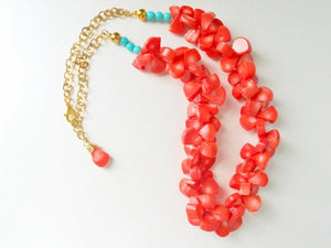 Coral Briolette Bead and Turquoise Rose Gold Link Chain Hawaiian Inspired Statement Necklace