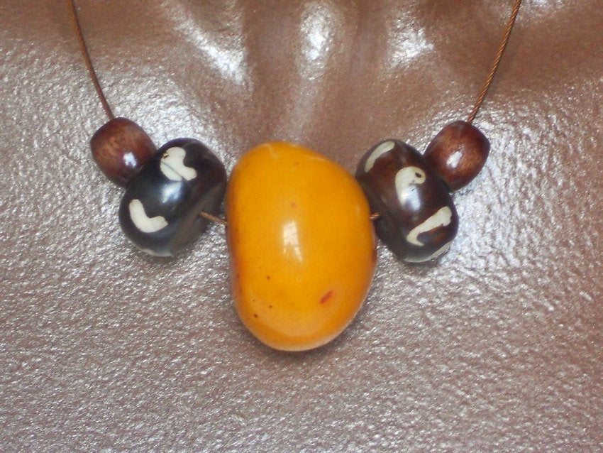 Copal Amber Resin and Vintage Batik Bone Yellow Brown Minimalist Unisex Necklace, The Maxwell