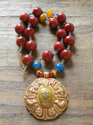Red Carnelian Azure Blue Repousee Gold Plated Focal Pendant Nepalese Necklace