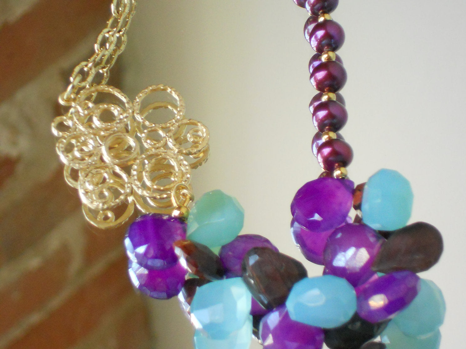 Peruvian Blue Chalcedony and Mystic Amethyst Chalcedony Freshwater Pearl Necklace, Grapes & Grace Dujour