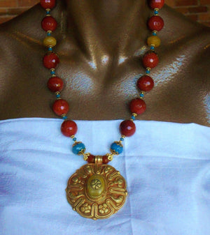 Red Carnelian Azure Blue Repousee Gold Plated Focal Pendant Nepalese Necklace