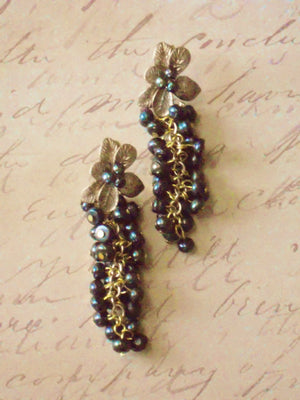 Black Iridescent Pearl Cluster Bronze Flower Post Pierced Drop Earrings Divinite Jewellry