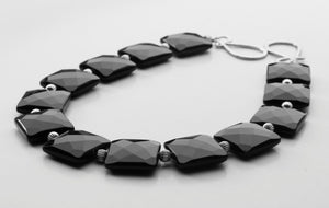 Square Black Obsidian Stone Gold Fluted Beads Necklace, The Ebony Omega