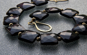 Square Black Obsidian Stone Gold Fluted Beads Necklace, The Ebony Omega
