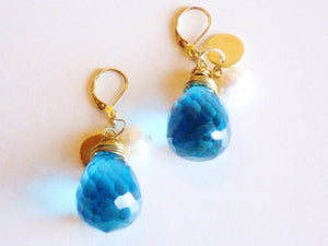 Azure Blue Large Briolette Gold Coin Pearl Charm Leverback Drop Charm Earrings