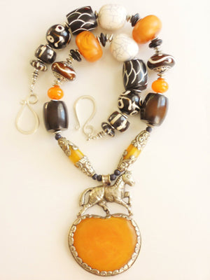 Orange Copal Amber Resin White Resin Brown Black Carved Bone Horse Pendant Statement Necklace Divinite Jewellry